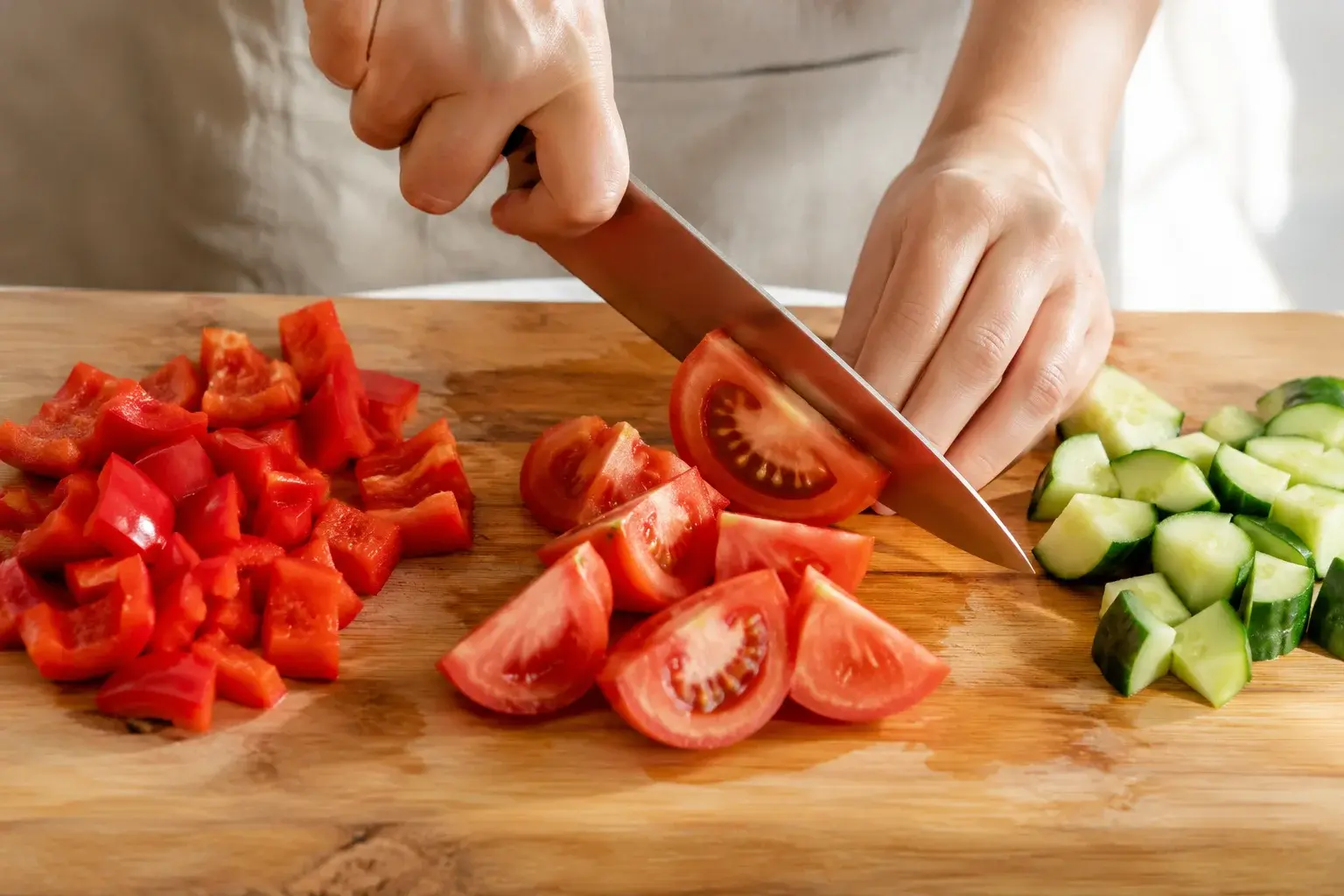 Tomates, poivrons et concombre coupés en morceaux sur une planche à découper