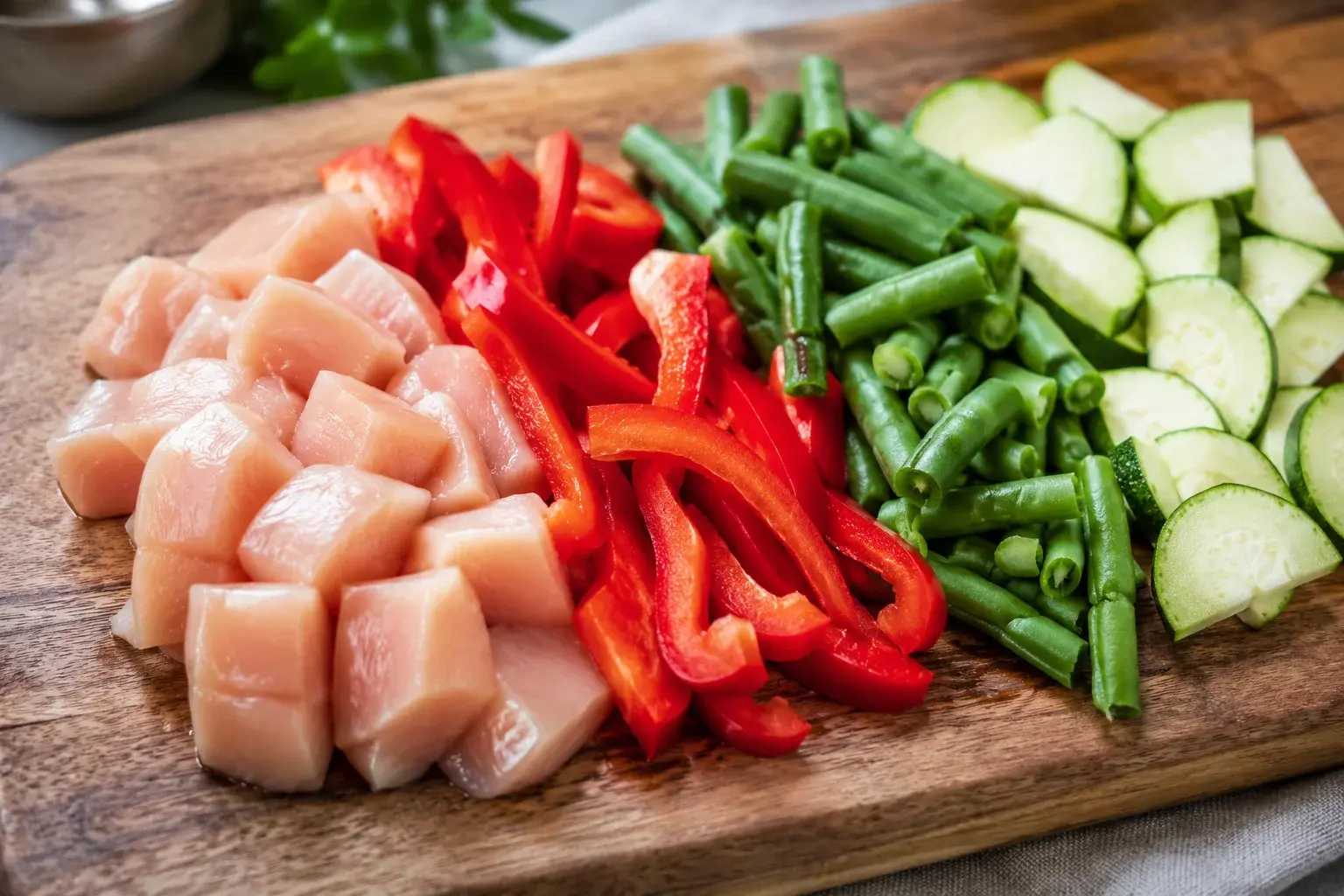 Planche en bois avec cubes de poulet rose, lanières de poivron rouge, tronçons de haricots verts et demi-rondelles de courgette