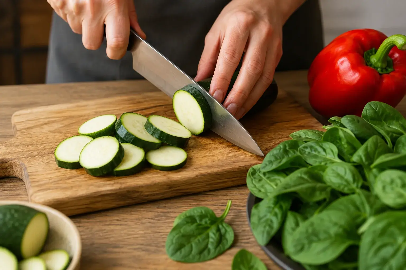 Légumes coupés en morceaux sur une planche à découper pour la quiche