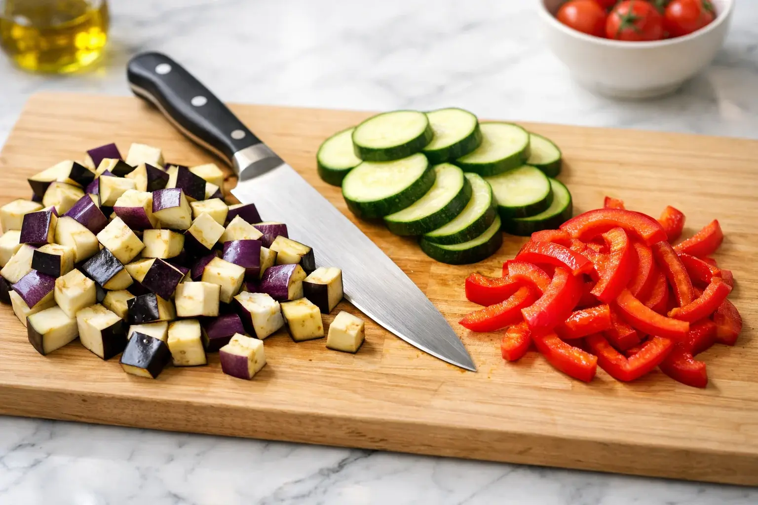 Légumes colorés préparés sur une planche en bois clair, dés d'aubergine violette, rondelles de courgette verte, lamelles de poivron rouge et jaune, tomates et ail émincés, plan de travail en marbre