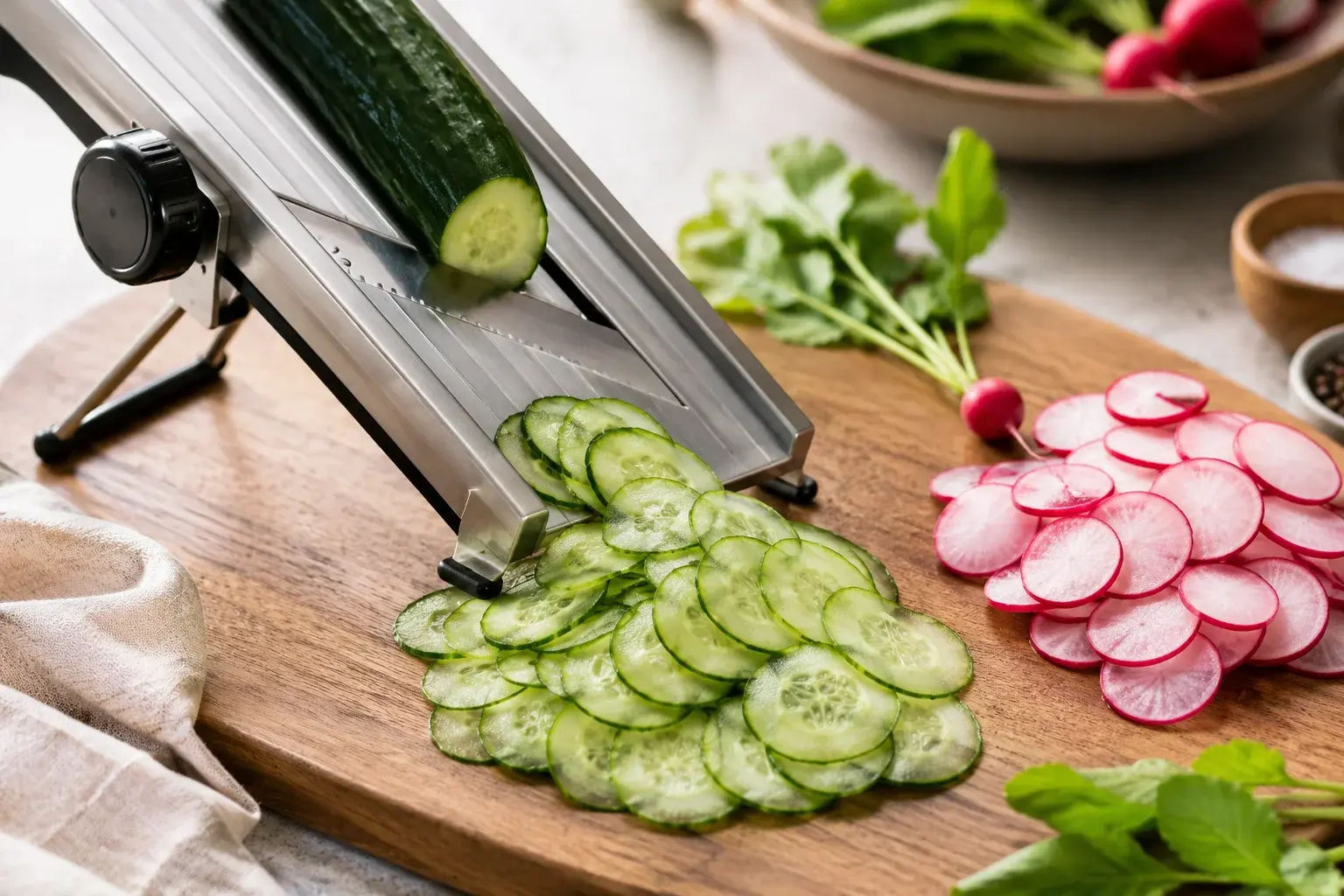 Fines rondelles de concombre vert pâle et radis roses disposées en éventail sur une planche en bois, mandoline visible