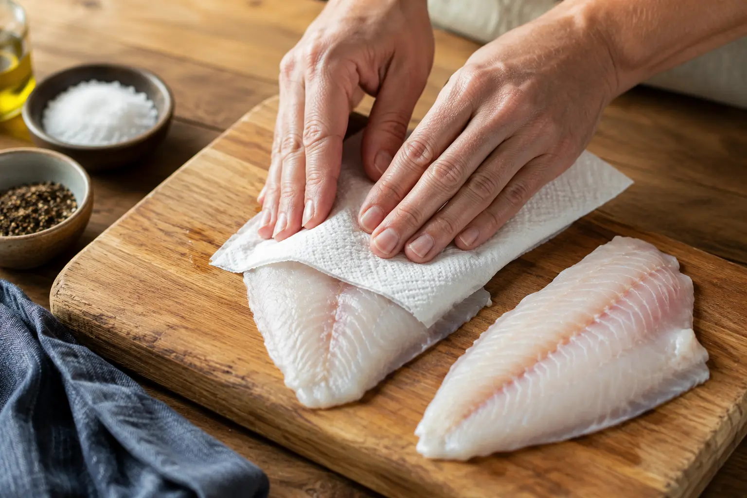 Filets de lieu noir assaisonnés de sel et poivre sur une planche à découper