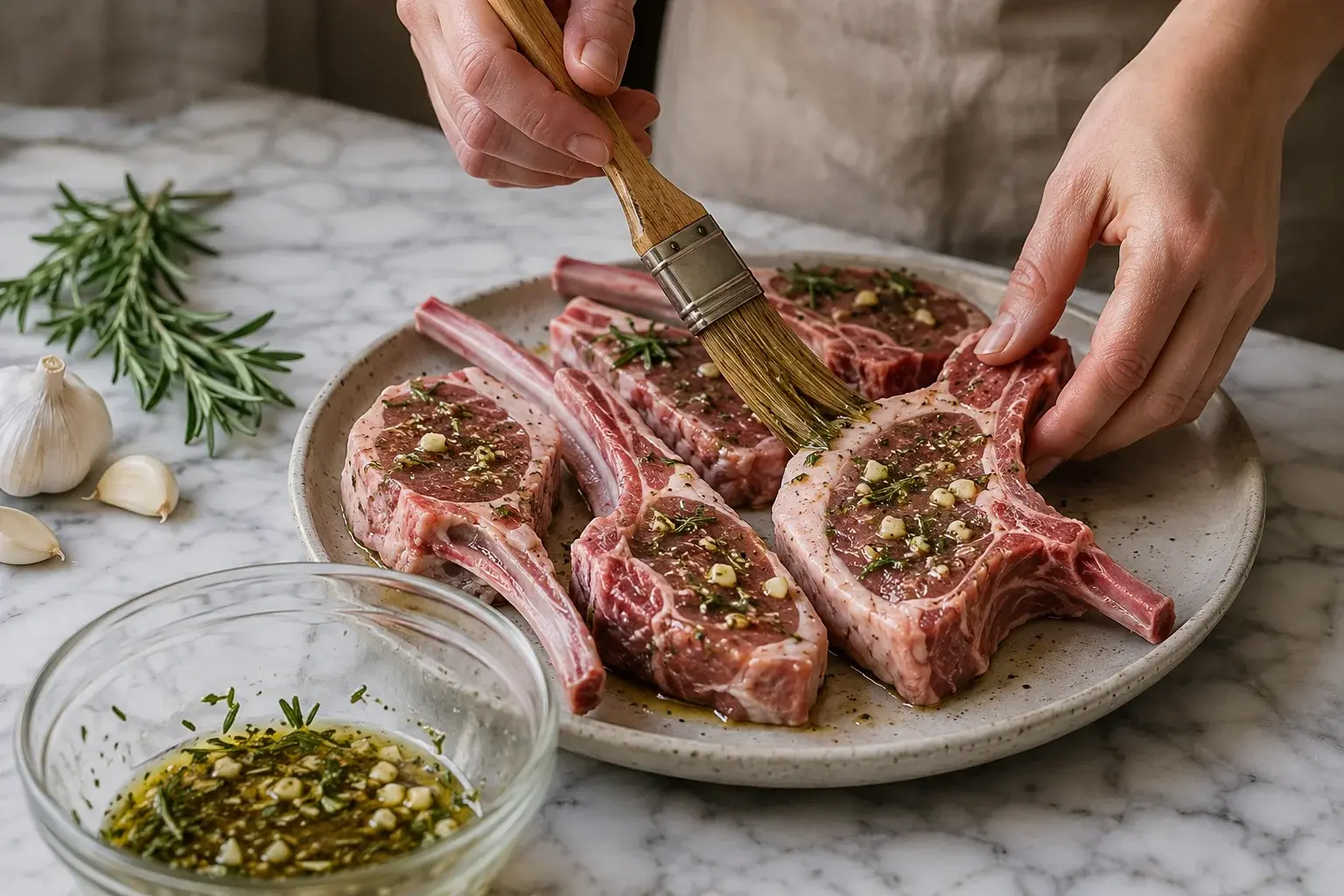 Mains badigeonnant les côtelettes d'agneau avec la marinade au romarin et à l'ail