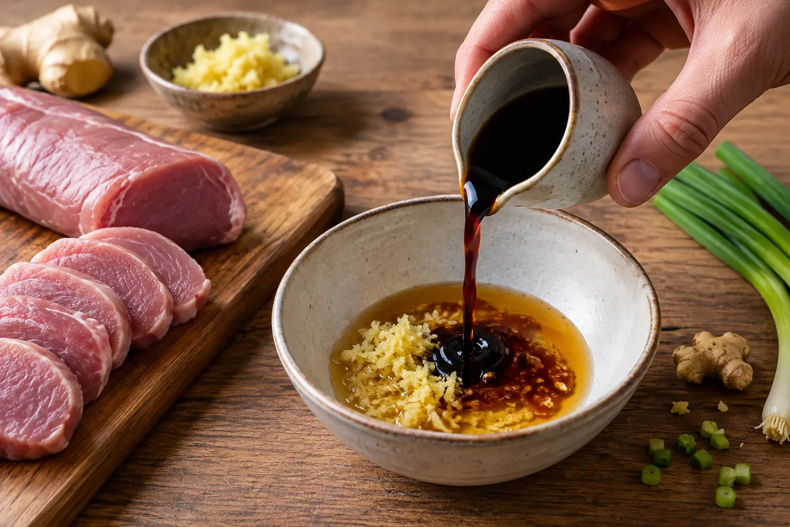 Préparation de la marinade teriyaki dans un bol avec sauce soja, mirin et gingembre