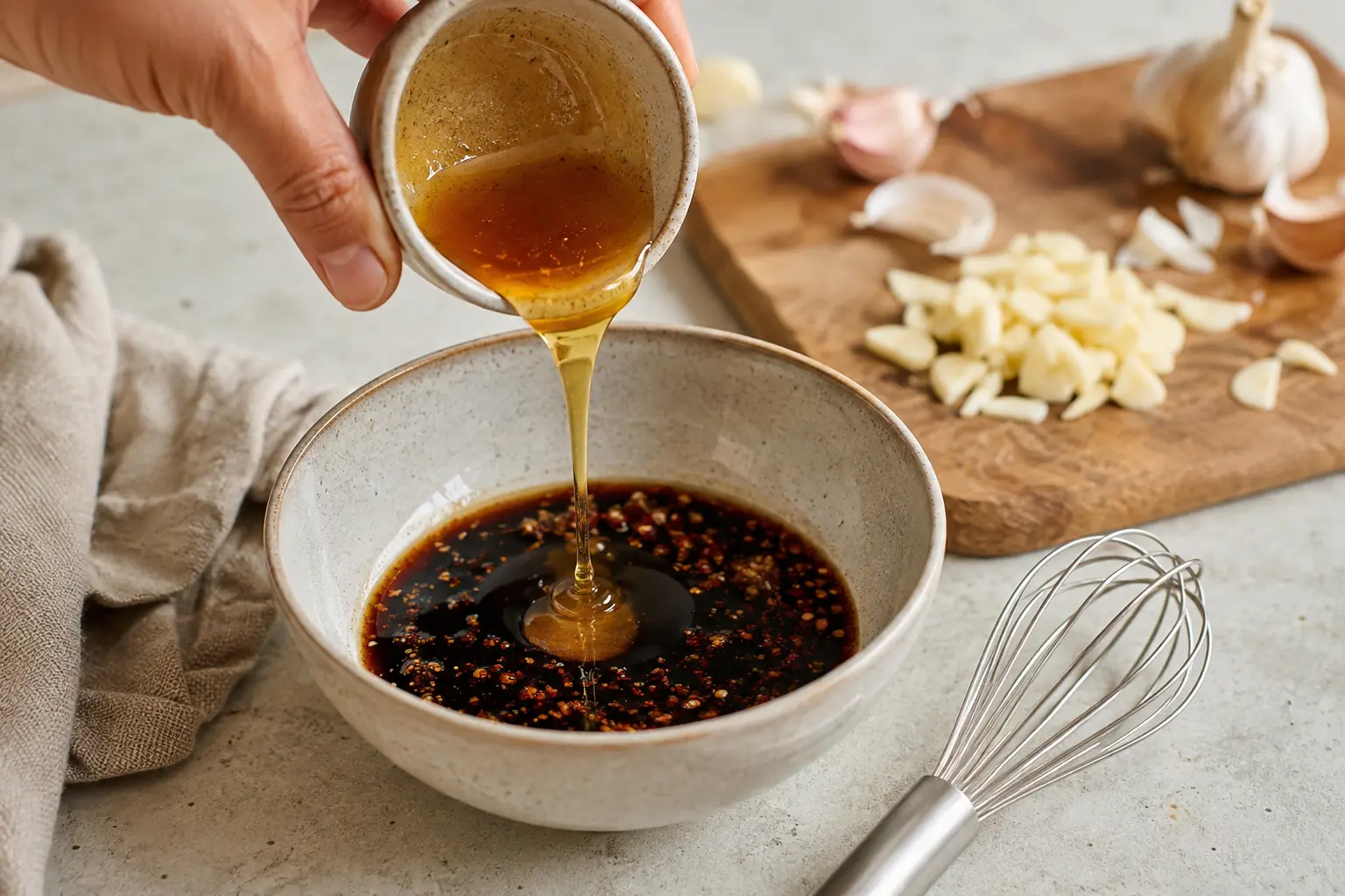 Préparation de la marinade miel-soja dans un bol avec un fouet