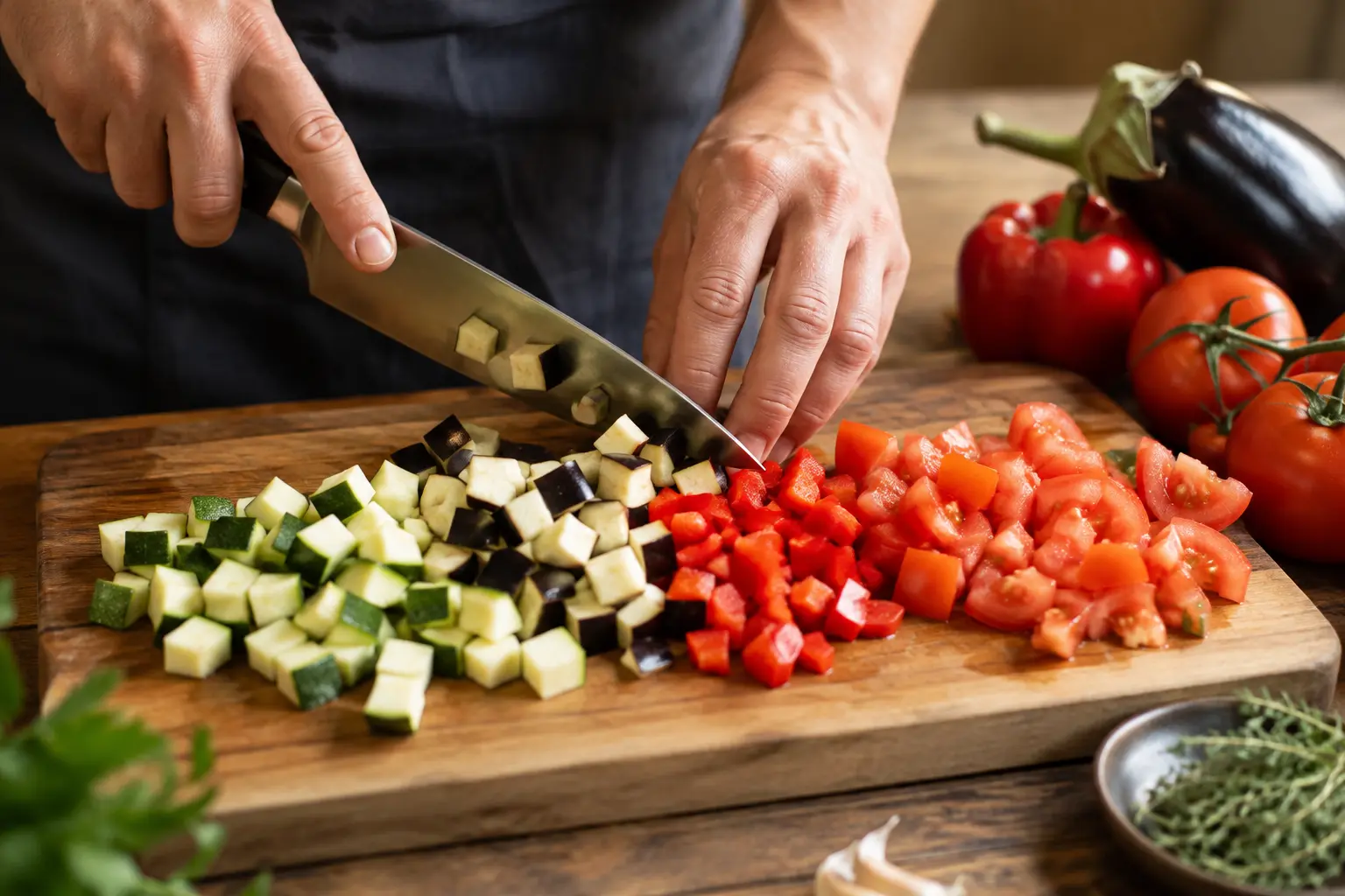 Légumes de ratatouille coupés en petits dés sur une planche à découper