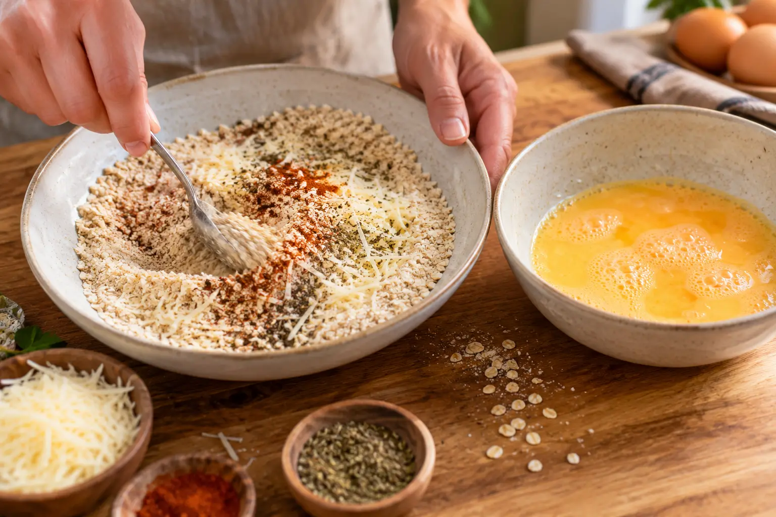 Assiette de panure aux flocons d'avoine et parmesan à côté d'un bol d'œufs battus