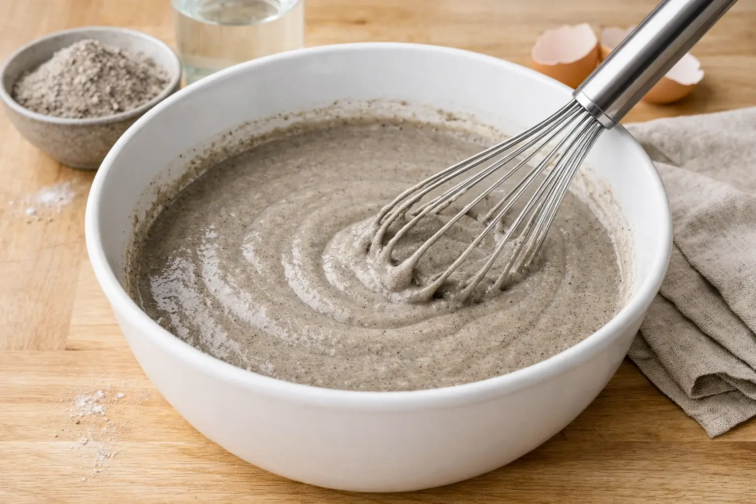 Fouet mélangeant la pâte à galettes de sarrasin grise et fluide dans un saladier, farine de sarrasin et eau en cours d'incorporation, texture lisse et homogène en formation, plan de travail en bois clair