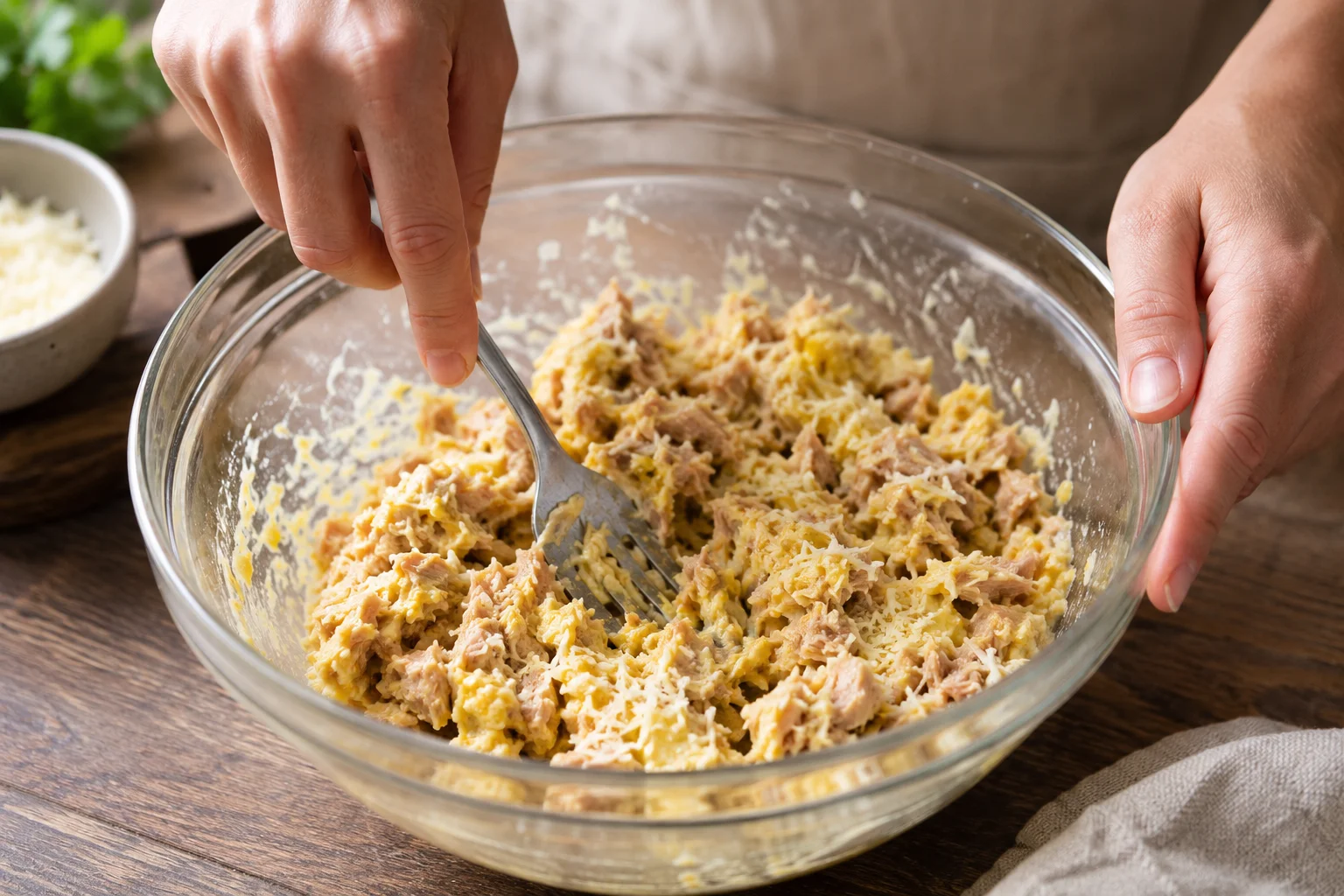 Mains qui mélangent à la fourchette du thon écrasé, œufs jaunes et parmesan râpé dans un grand bol pour former la pâte protéinée