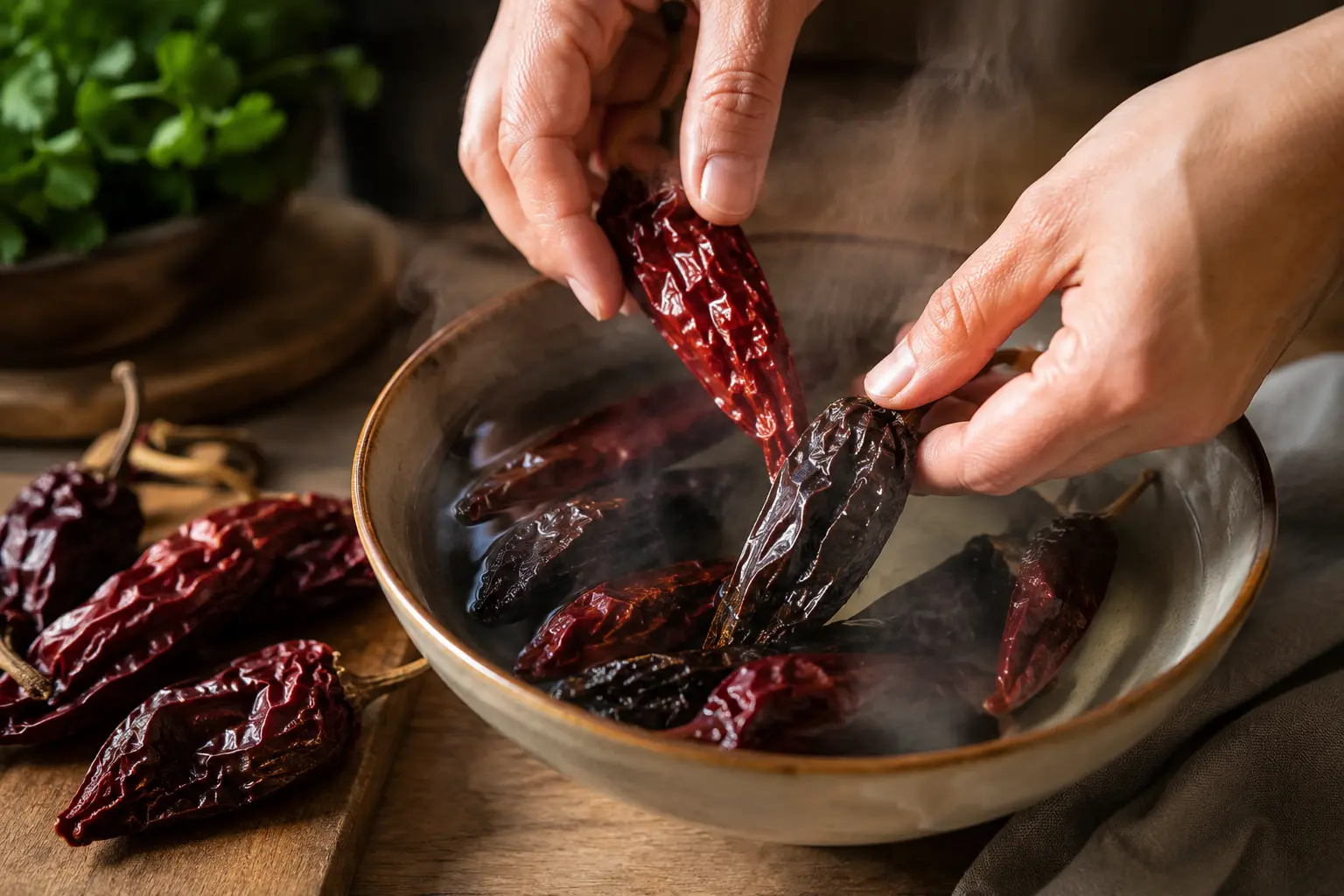 Piments guajillo et ancho en train de tremper dans un bol d'eau chaude