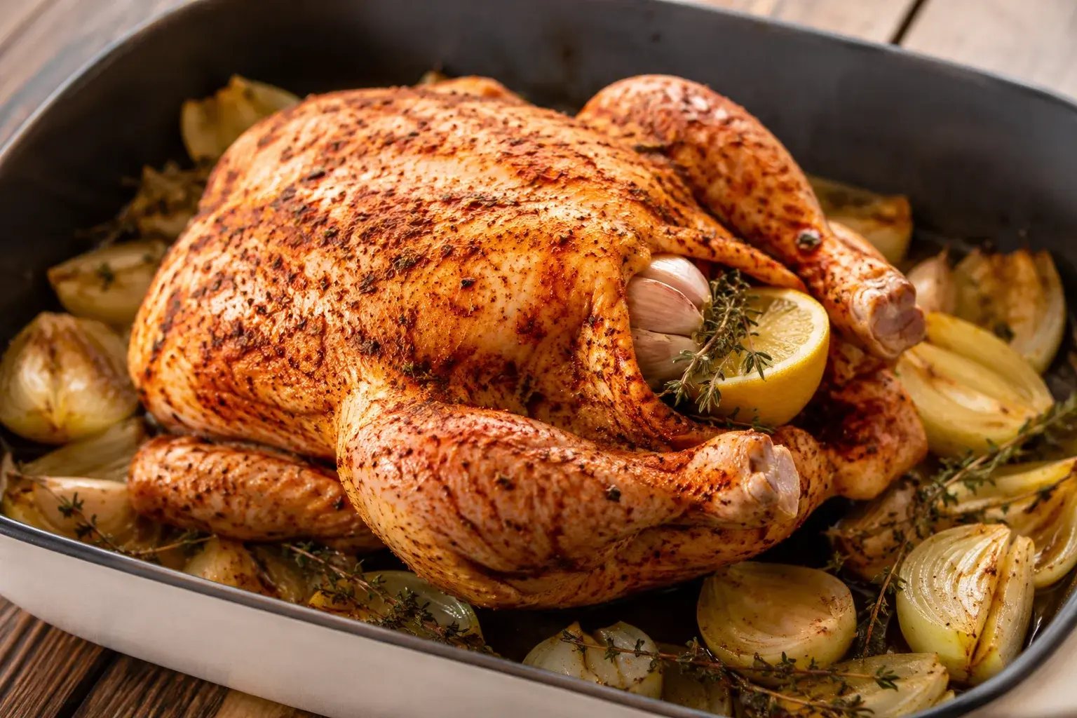 Poulet entier épicé posé dans un plat à four sur un lit de quartiers d'oignon, citron et ail dépassant de la cavité, prêt pour le four