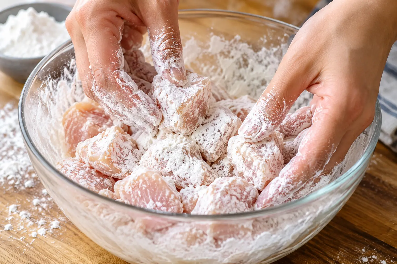 Cubes de poulet enrobés de maïzena dans un saladier