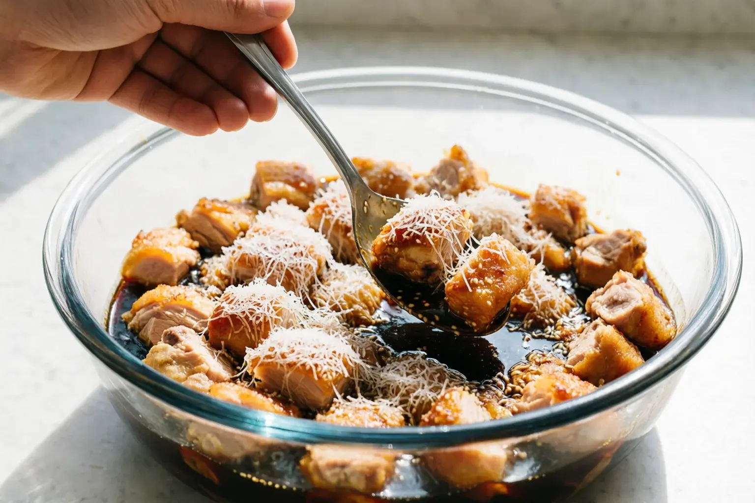 Cubes de poulet en train d'être mélangés à la maïzena et sauce soja dans un saladier en verre, fine couche blanche sur la viande
