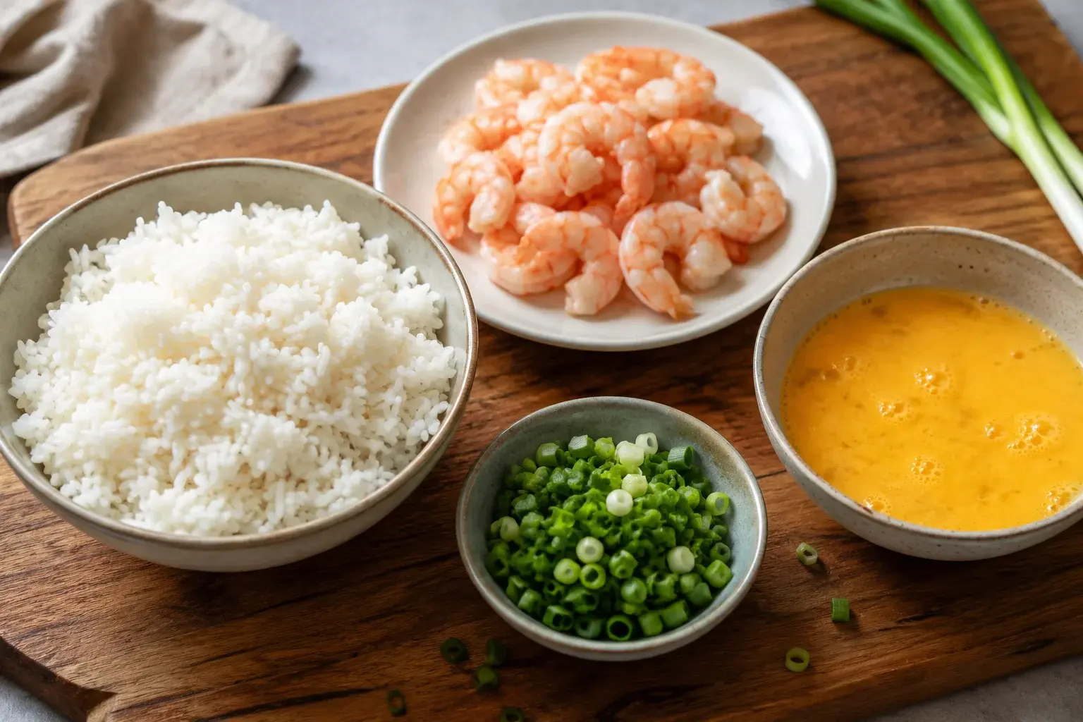 Planche en bois avec bol de riz blanc froid en grains séparés, crevettes roses décortiquées, œufs battus et oignons nouveaux ciselés