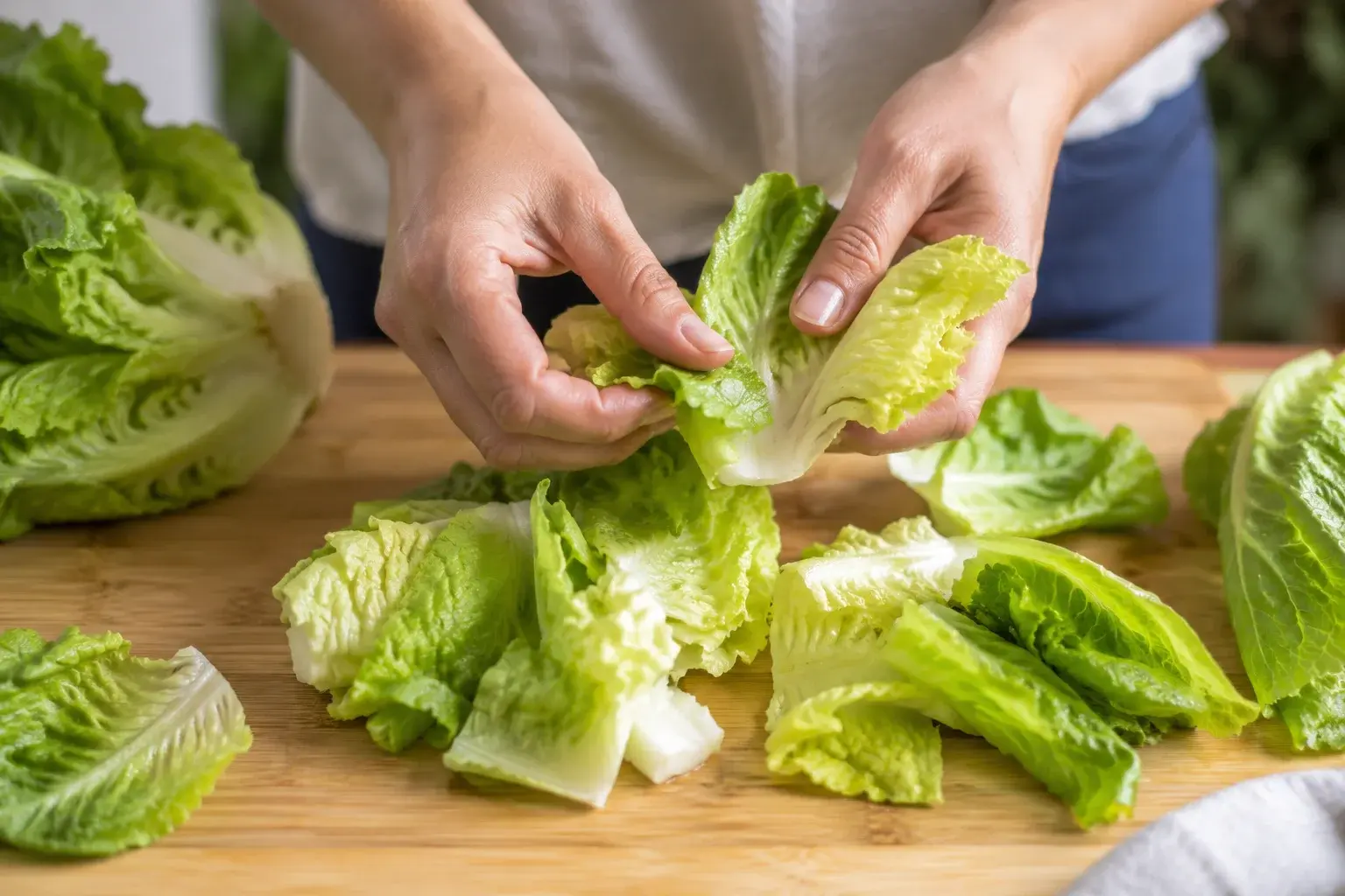 Mains qui détaillent des cœurs de romaine en gros morceaux verts croquants sur une planche en bois clair