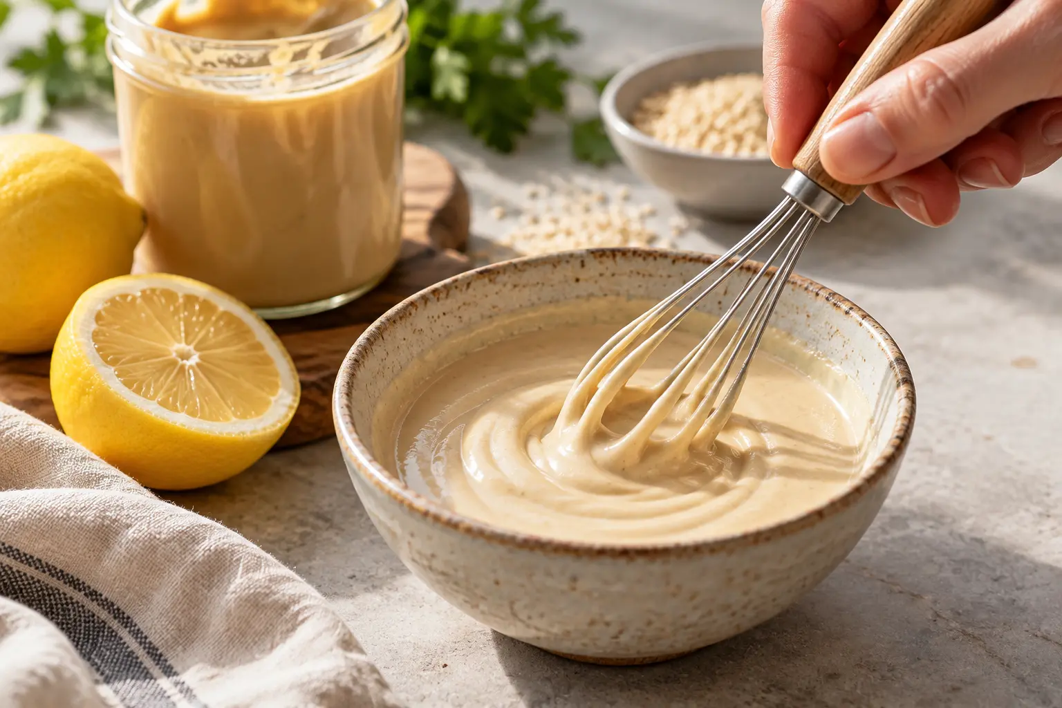 Fouet mélangeant la sauce tahini dans un petit bol avec les ingrédients autour