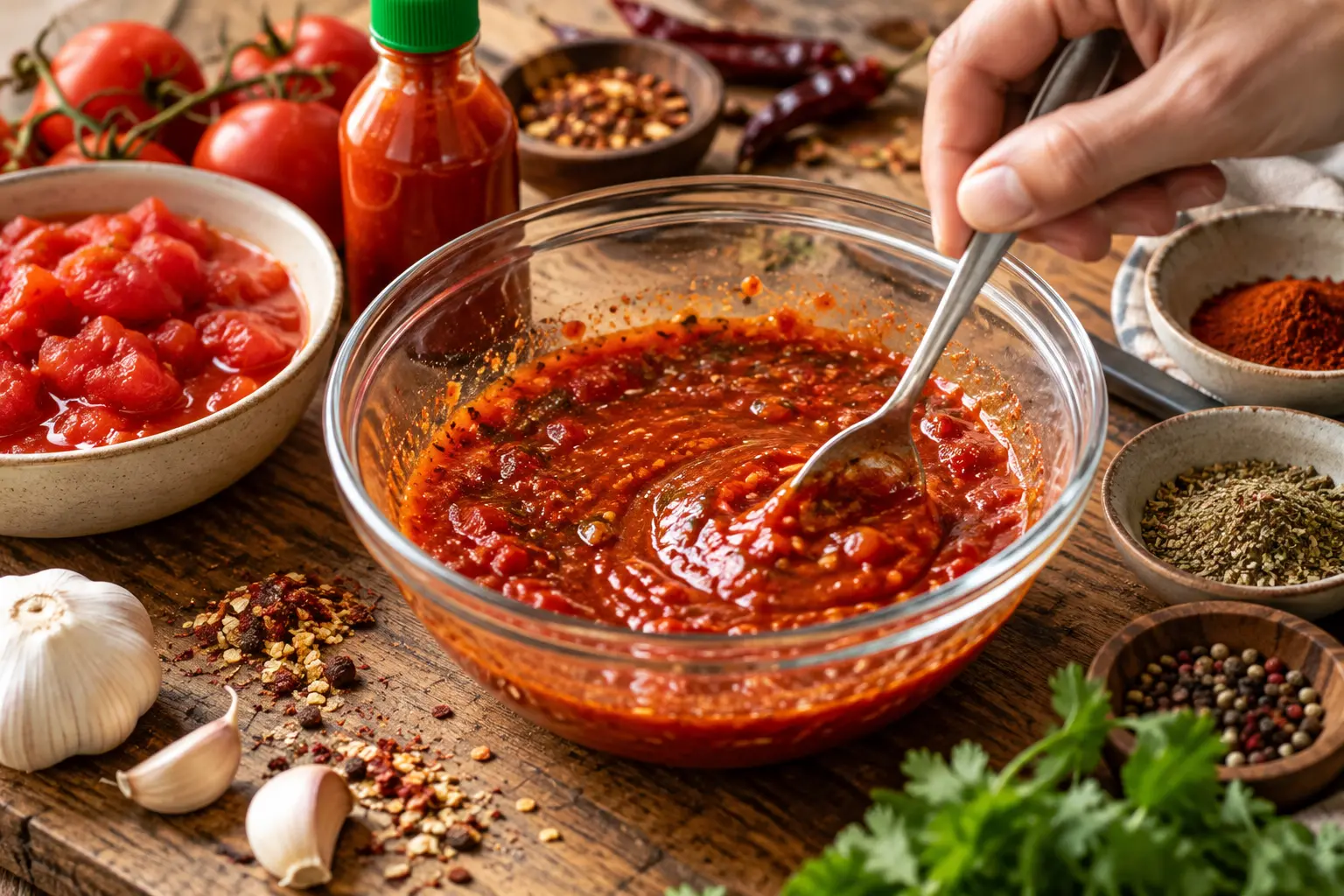 Mélange de la sauce piquante dans un bol avec tomates, sriracha et épices