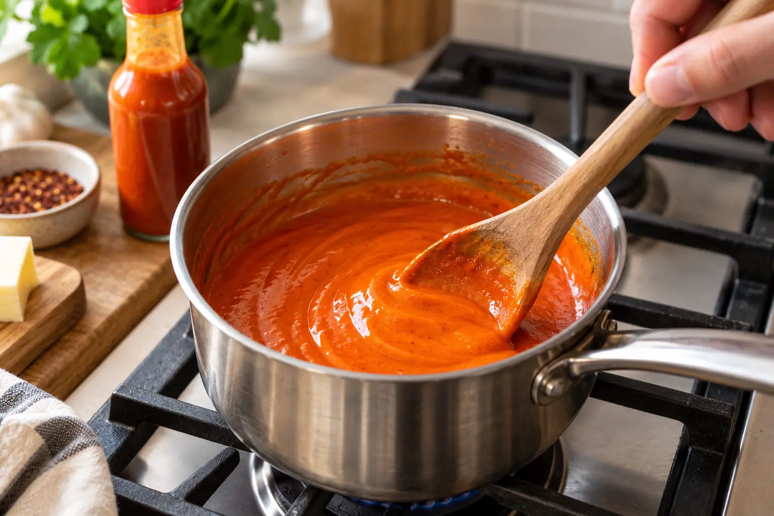 Casserole avec sauce buffalo orange en train d'être mélangée à la cuillère