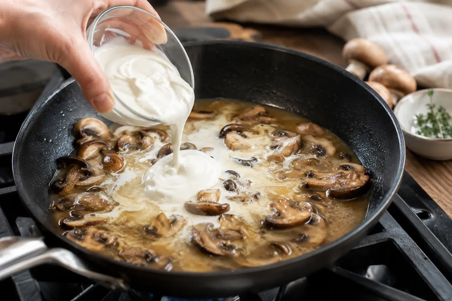 Sauce crémeuse aux champignons en train d'être mélangée dans une poêle