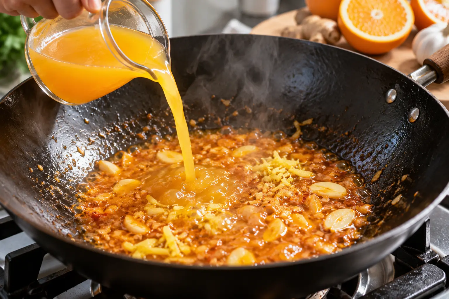 Sauce orange en train de frémir dans un wok avec ail et gingembre