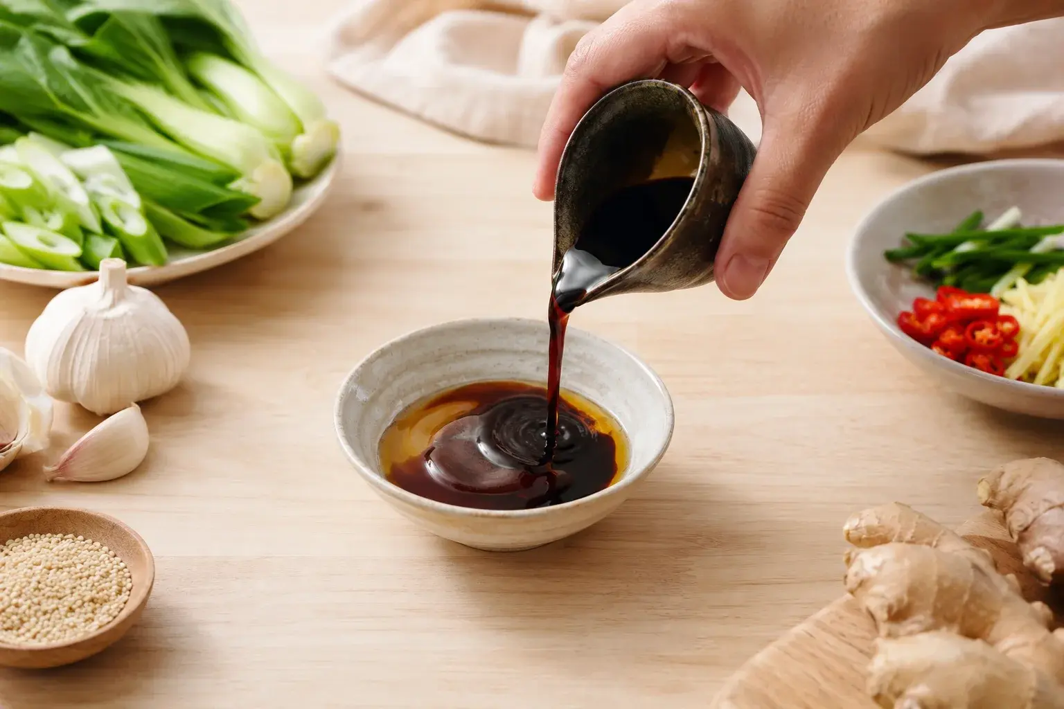 Mélange de la sauce soja, sauce d'huître et sésame dans un petit bol
