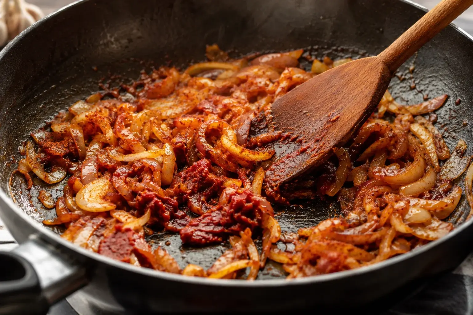 Oignons émincés en train de fondre dans une poêle avec épices en poudre rouges et concentré de tomates qui caramélise