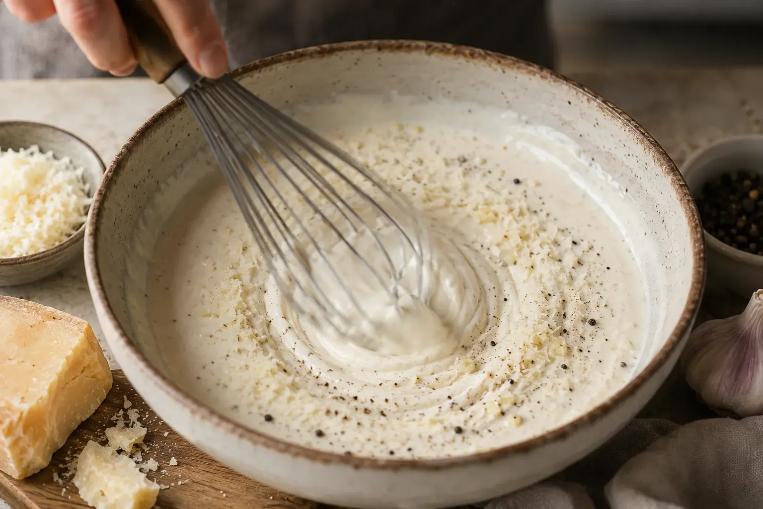 Fouet qui mélange une sauce César crémeuse blanche avec parmesan râpé et grains de poivre noir dans un bol en céramique