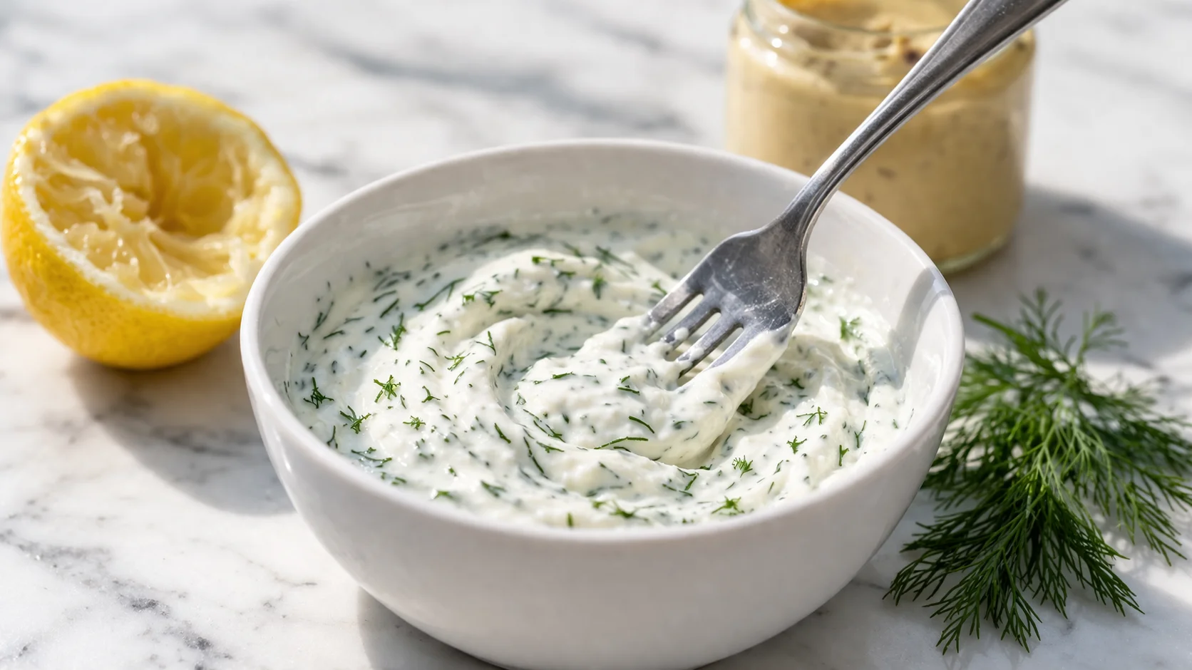 Sauce yaourt-aneth en cours de préparation dans un bol blanc, aneth ciselé vert et yaourt crémeux mélangés à la fourchette, citron à côté sur marbre blanc