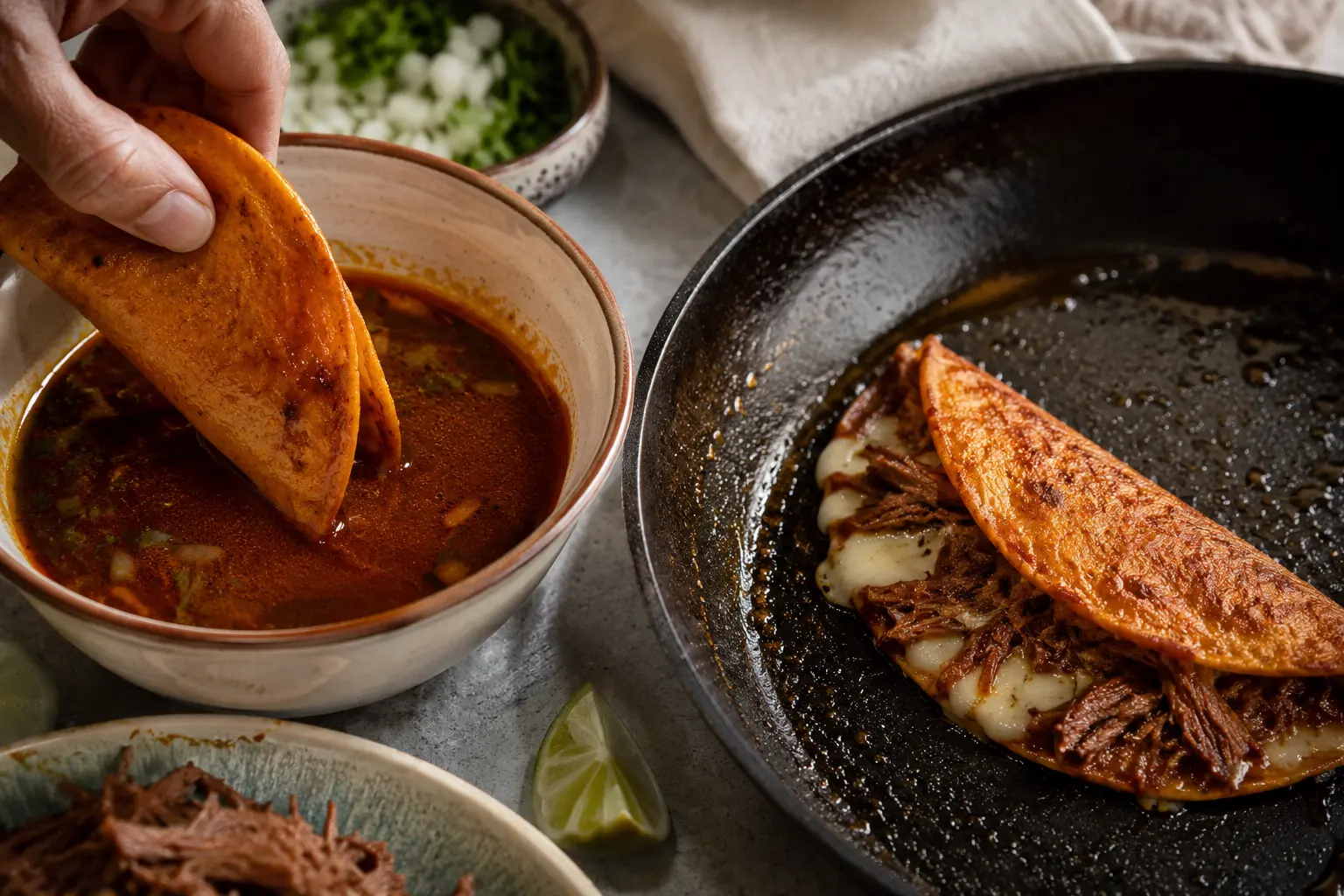 Tortilla trempée dans le consommé rouge en train de griller dans une poêle avec la garniture de bœuf