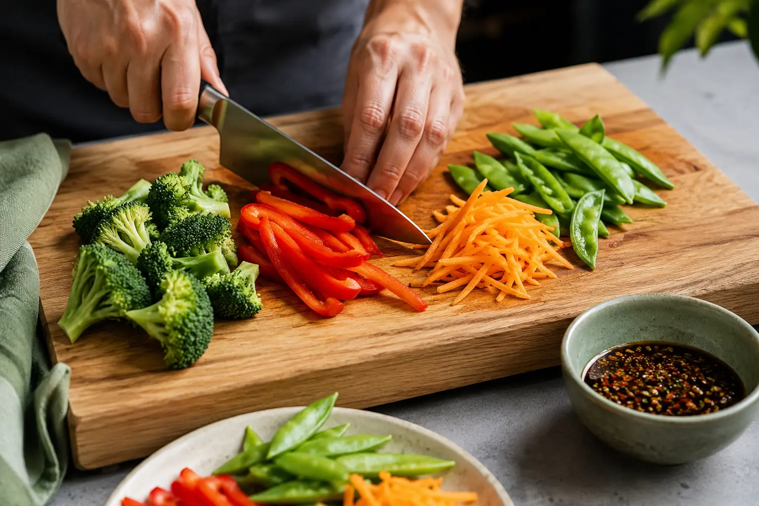 Planche à découper avec légumes taillés et petit bol de sauce wok préparée