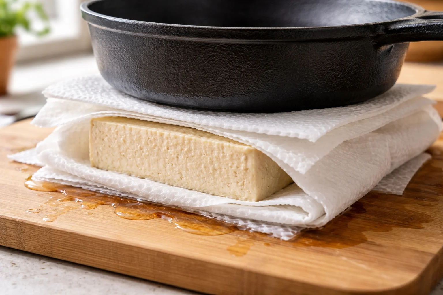 Tofu ferme enveloppé dans du papier absorbant avec une planche et des poids posés dessus pour le presser et l'égoutter