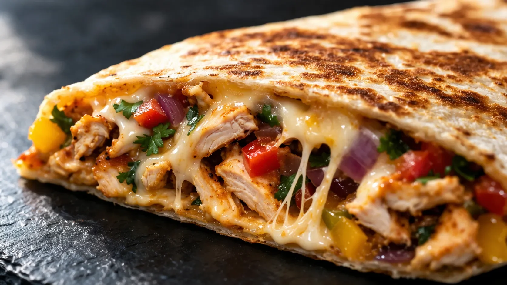 Détail de la garniture de la quesadilla au poulet : fromage fondu filant, poivrons rouges et herbes fraîches