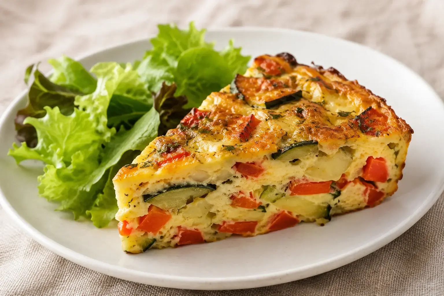 Part de quiche protéinée sans pâte aux légumes dans une assiette blanche avec salade verte