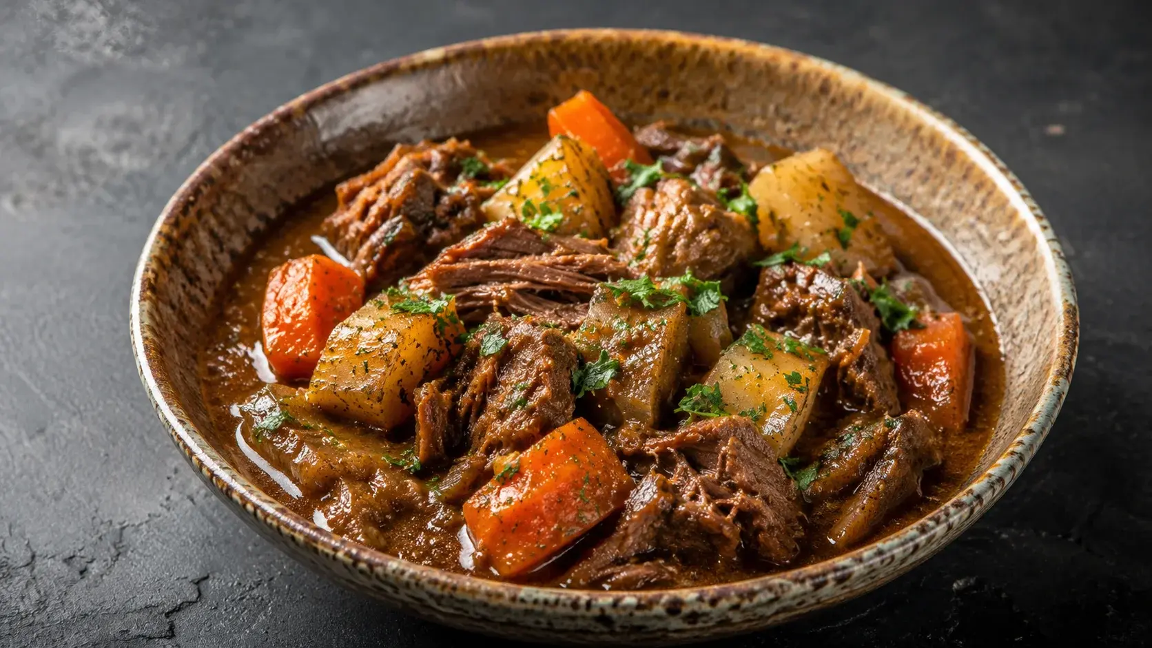 Assiette creuse de ragoût de bœuf avec morceaux de viande effilochés, carottes et sauce brune brillante, persil parsemé