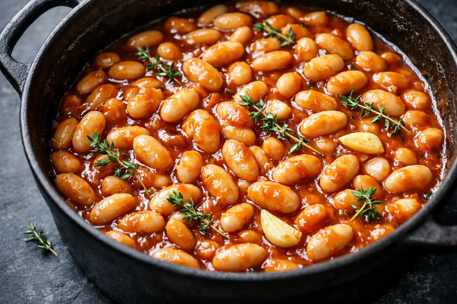 Gros plan sur les haricots blancs crémeux dans la sauce tomate aux herbes avec ail et thym visibles