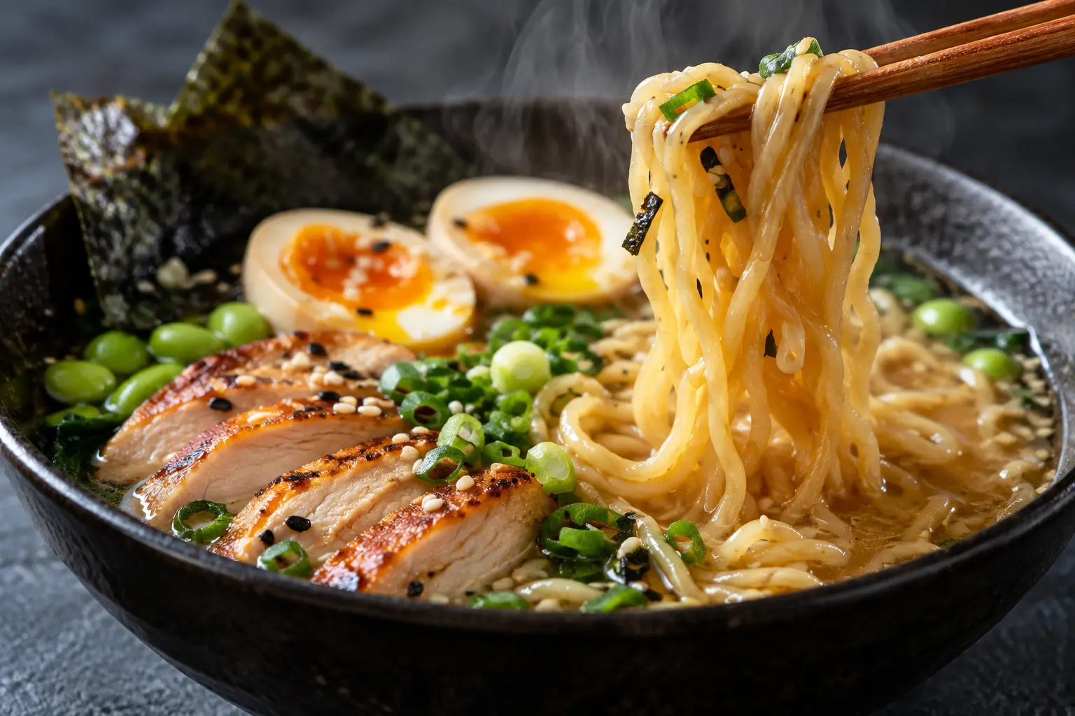 Ramen protéiné au poulet servi dans un bol noir avec baguettes, gros plan sur les nouilles et le bouillon