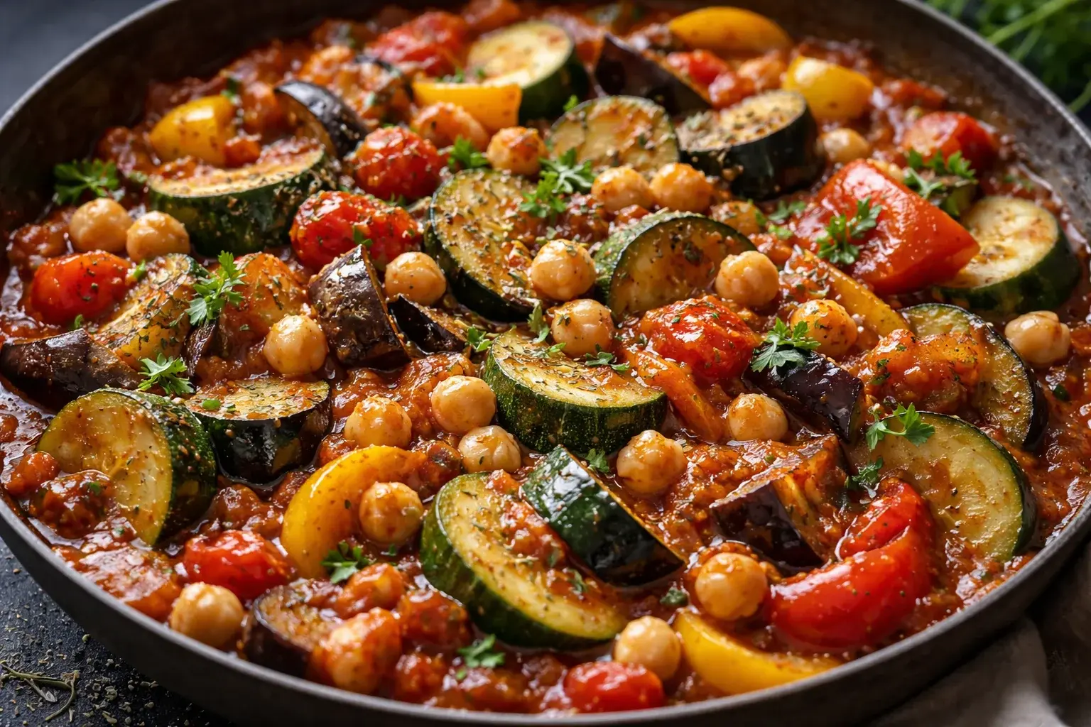 Gros plan sur la ratatouille provençale protéinée, courgettes et aubergines fondantes, tomates et poivrons colorés avec pois chiches et herbes visibles, fond ardoise sombre