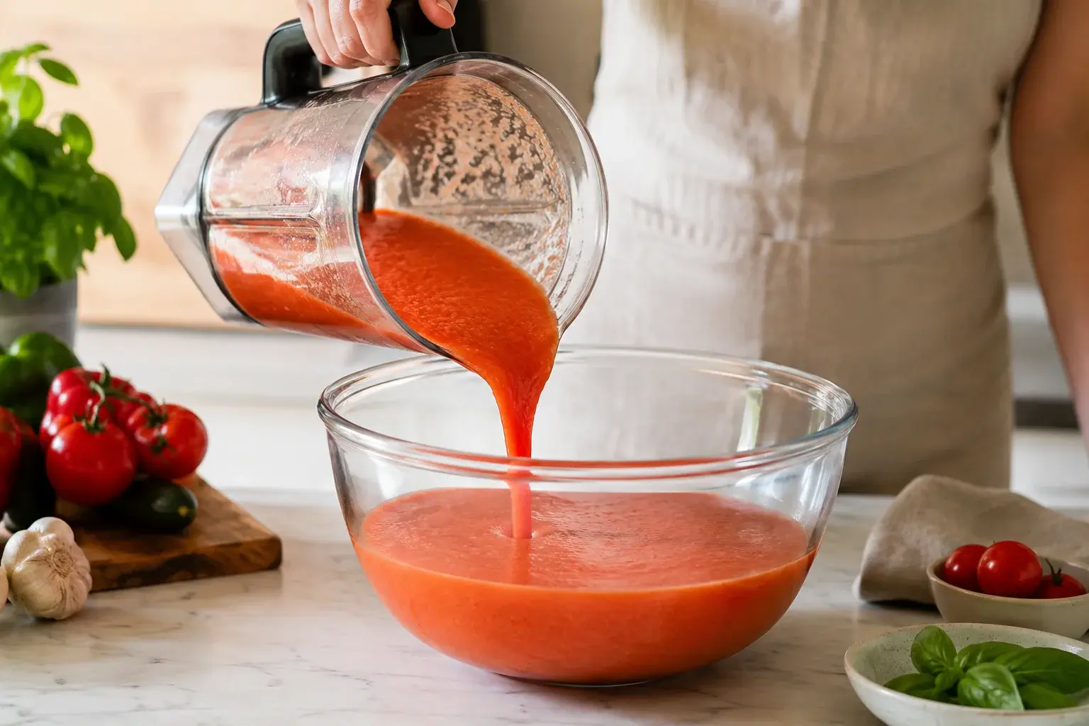 Gaspacho versé dans un récipient en verre avant d'être placé au réfrigérateur