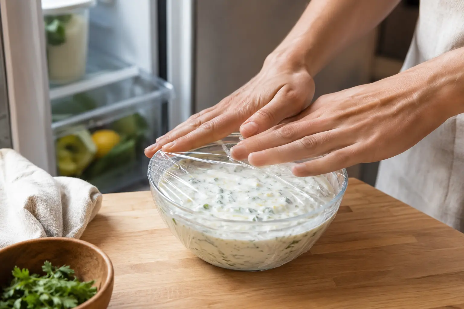 Sauce au yaourt grec recouverte de film alimentaire avant de reposer au réfrigérateur
