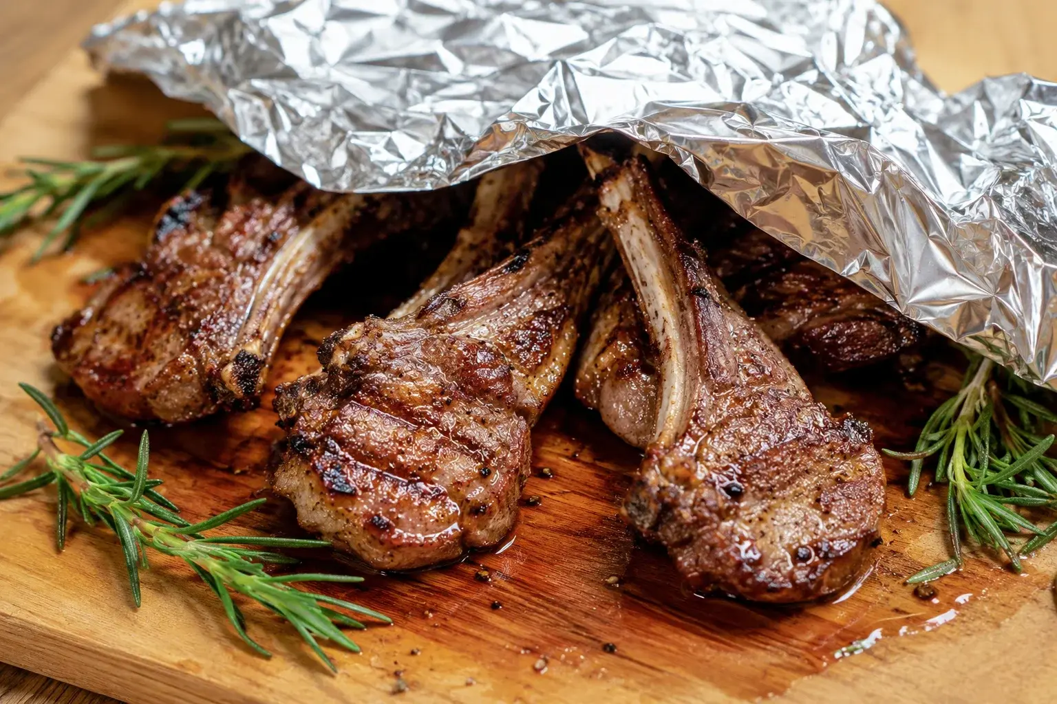 Côtelettes d'agneau au repos sur une planche en bois avec du romarin frais