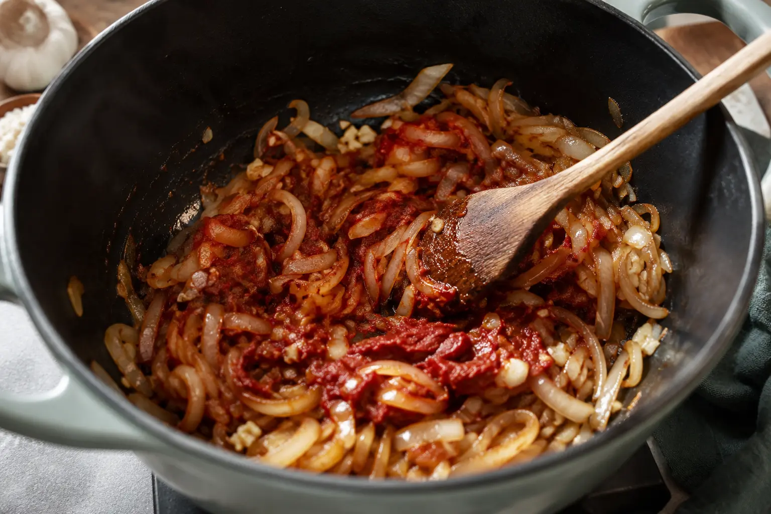 Oignons émincés et ail en train de revenir dans la cocotte avec du concentré de tomates