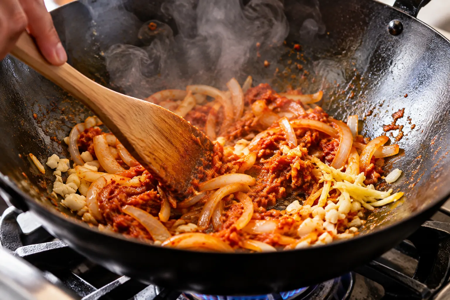 Wok fumant avec oignon, ail, gingembre et pâte de curry rouge en train de revenir dans l'huile de coco