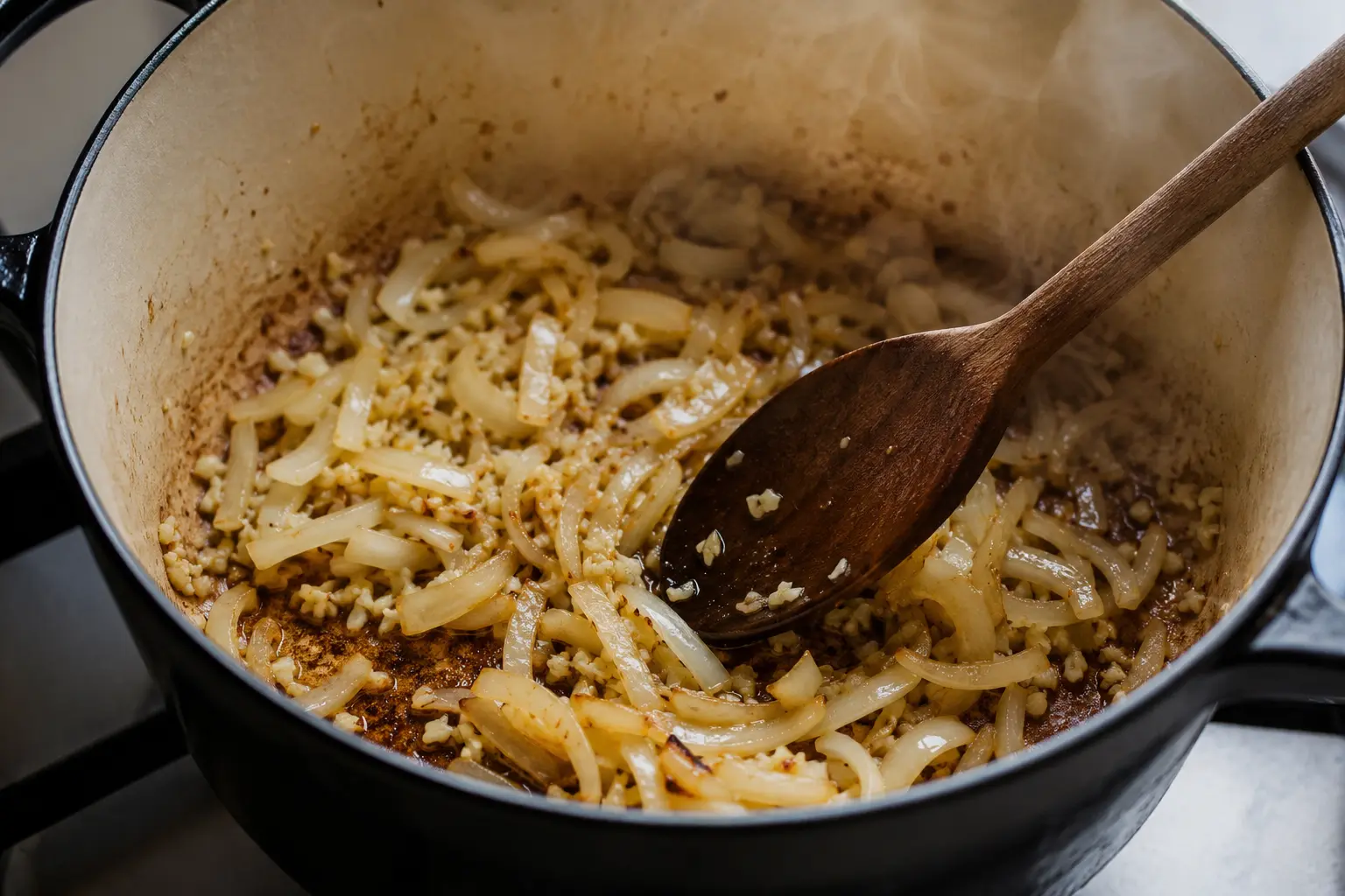 Oignon et ail en train de revenir dans une cocotte avec les sucs de cuisson