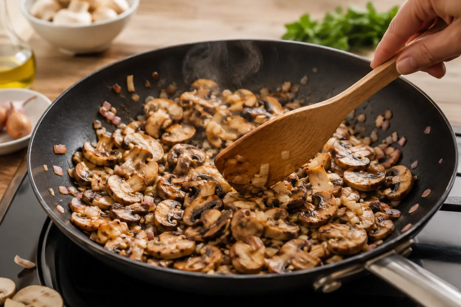 Champignons émincés en train de dorer dans une poêle avec des échalotes