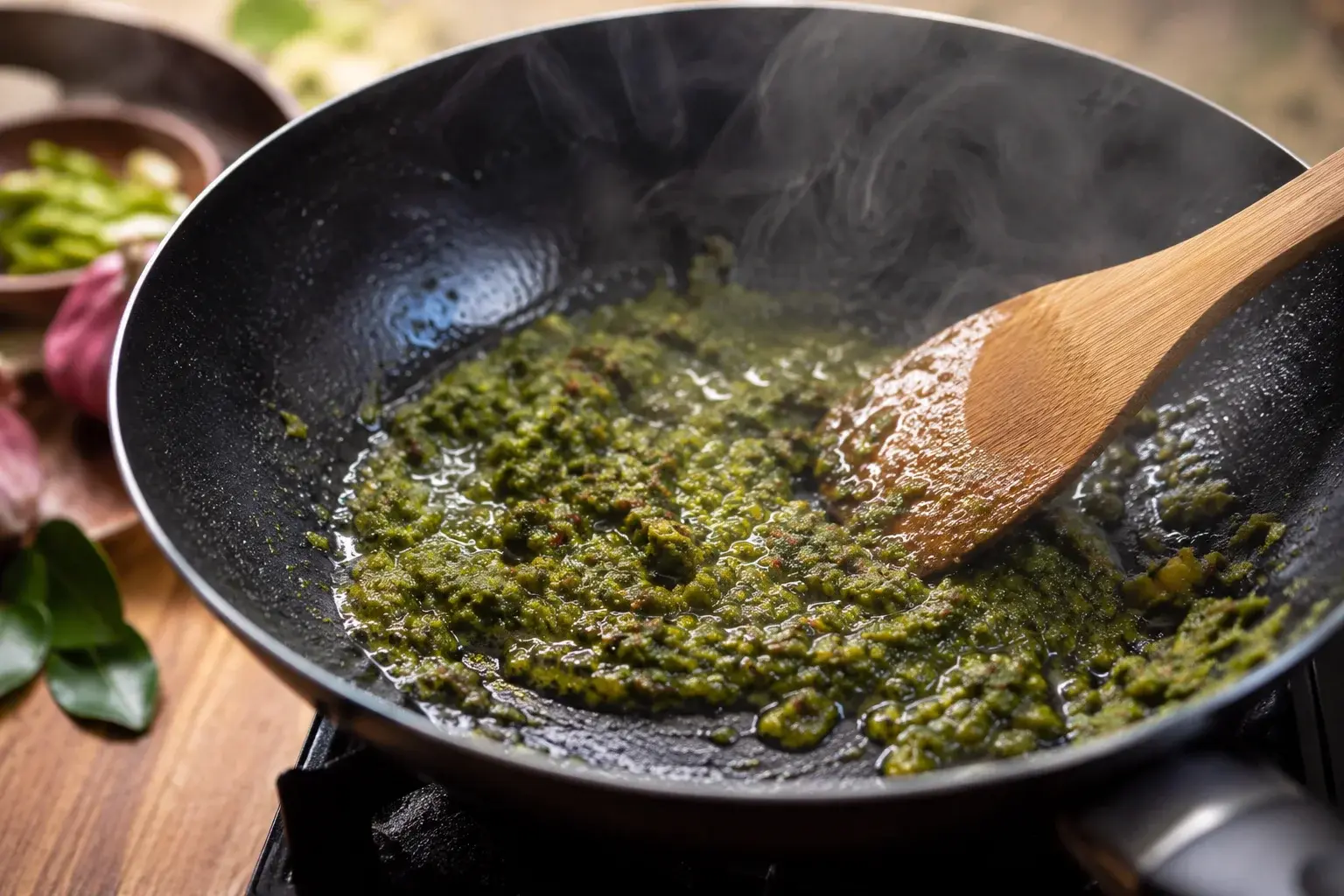 Pâte de curry vert thaï brillante en train de revenir dans une poêle avec huile de coco, spatule en bois qui remue le mélange parfumé