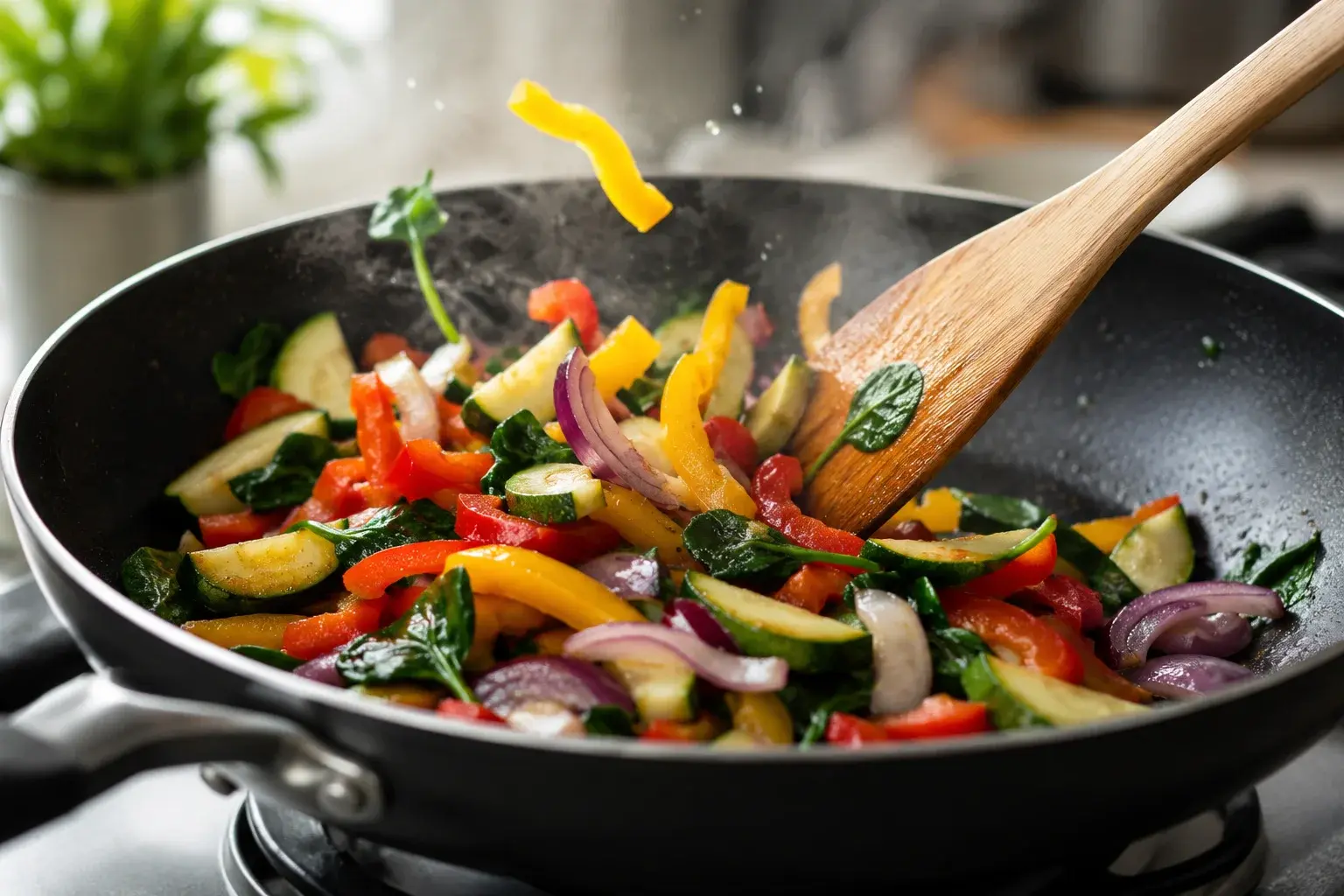 Légumes en train de sauter dans une poêle antiadhésive