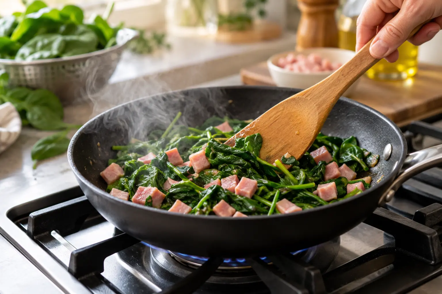 Épinards frais et dés de jambon en train de revenir dans une petite poêle, une spatule en bois les retourne