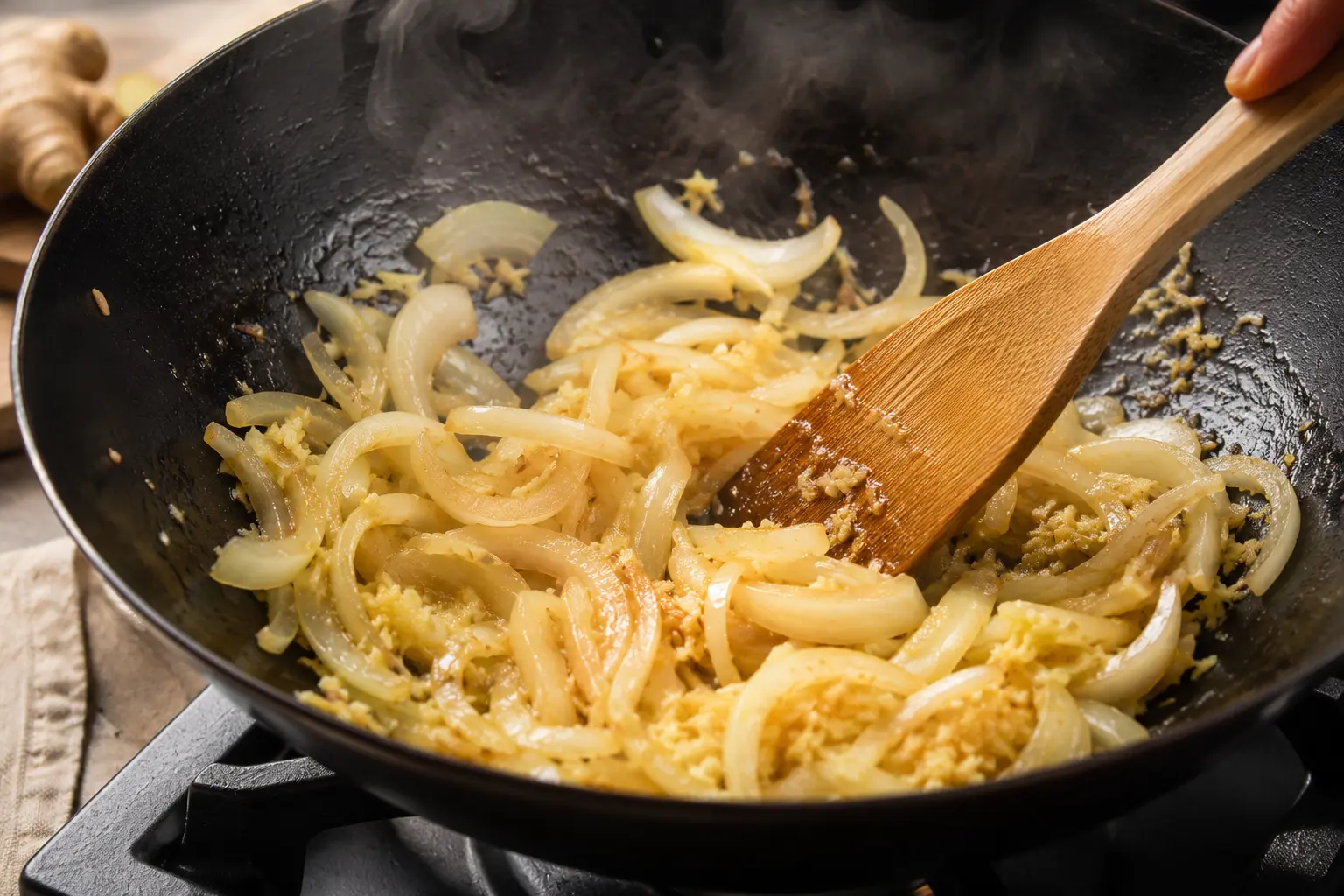 Oignons émincés et gingembre râpé en train de revenir dans un wok