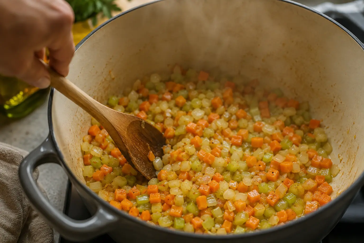 Légumes en train de revenir dans un faitout avec de l'huile d'olive
