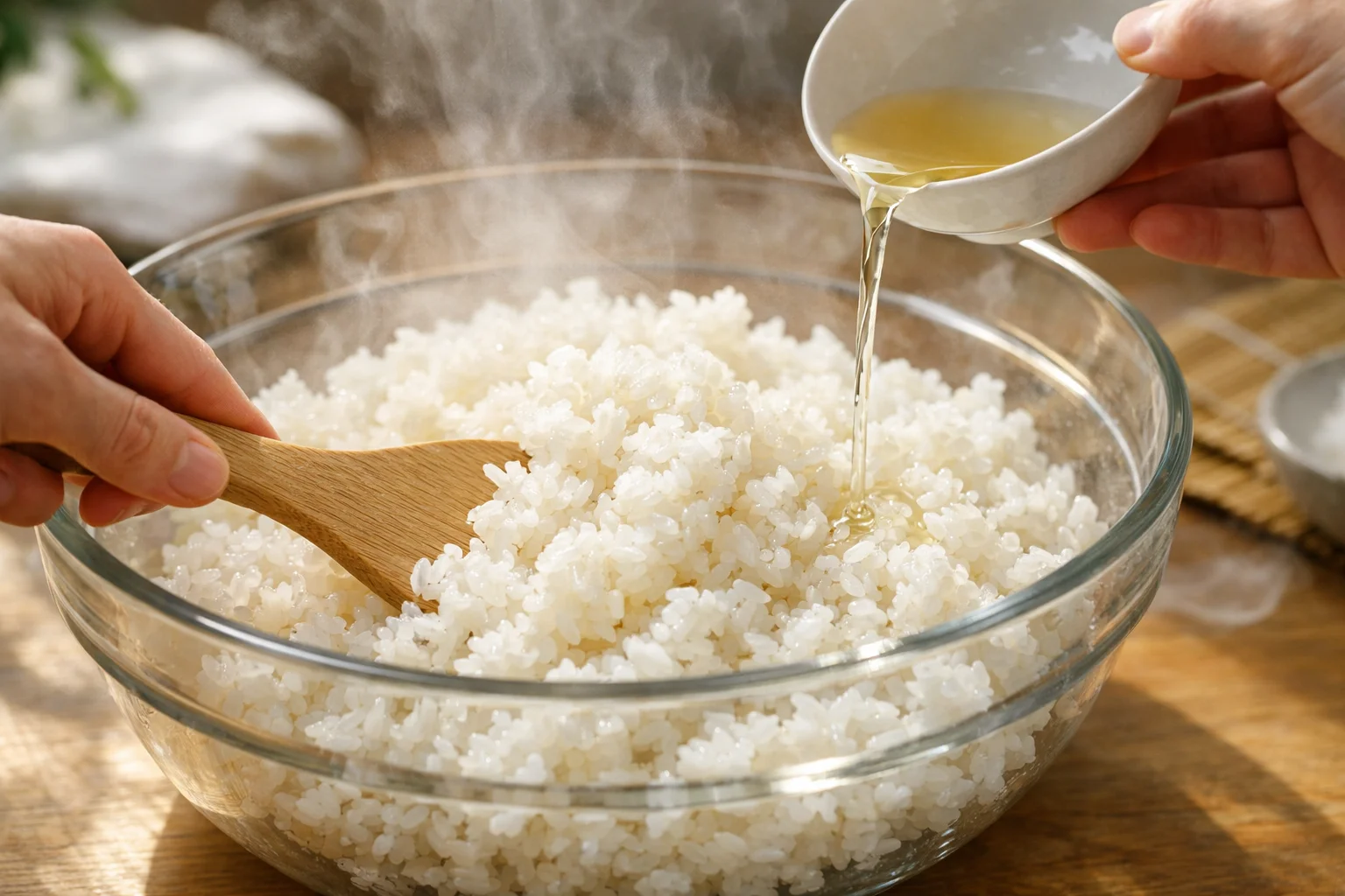 Main versant l'assaisonnement vinaigré sur le riz à sushi cuit dans un grand saladier, spatule en bois mélangeant délicatement